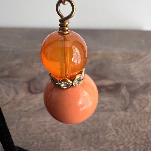 Peach Orange Bauble Beaded Rhinestone Studded Dangle Drop Earrings - Picture 7 of 7
